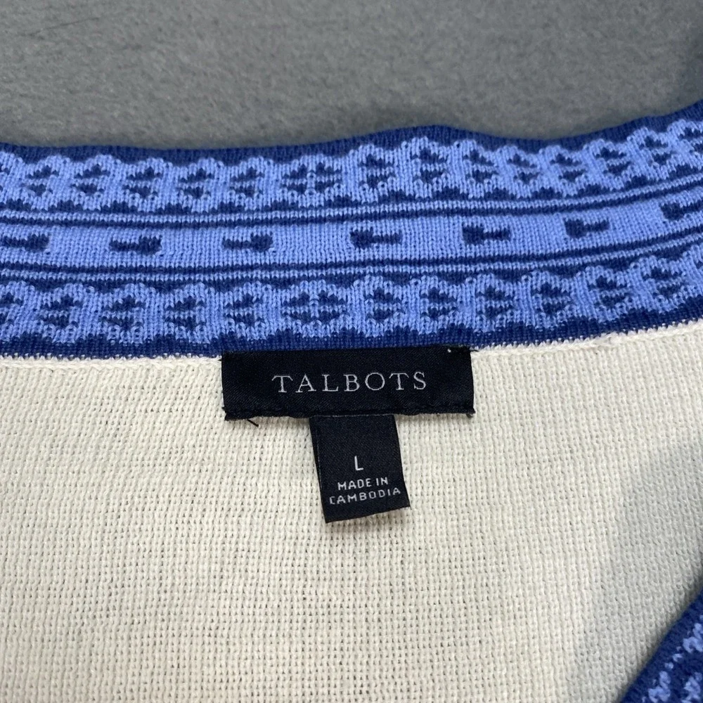 Talbots Rib Knit Sweater Large Ivory Contrast Blue Trim Pullover Layer Ready